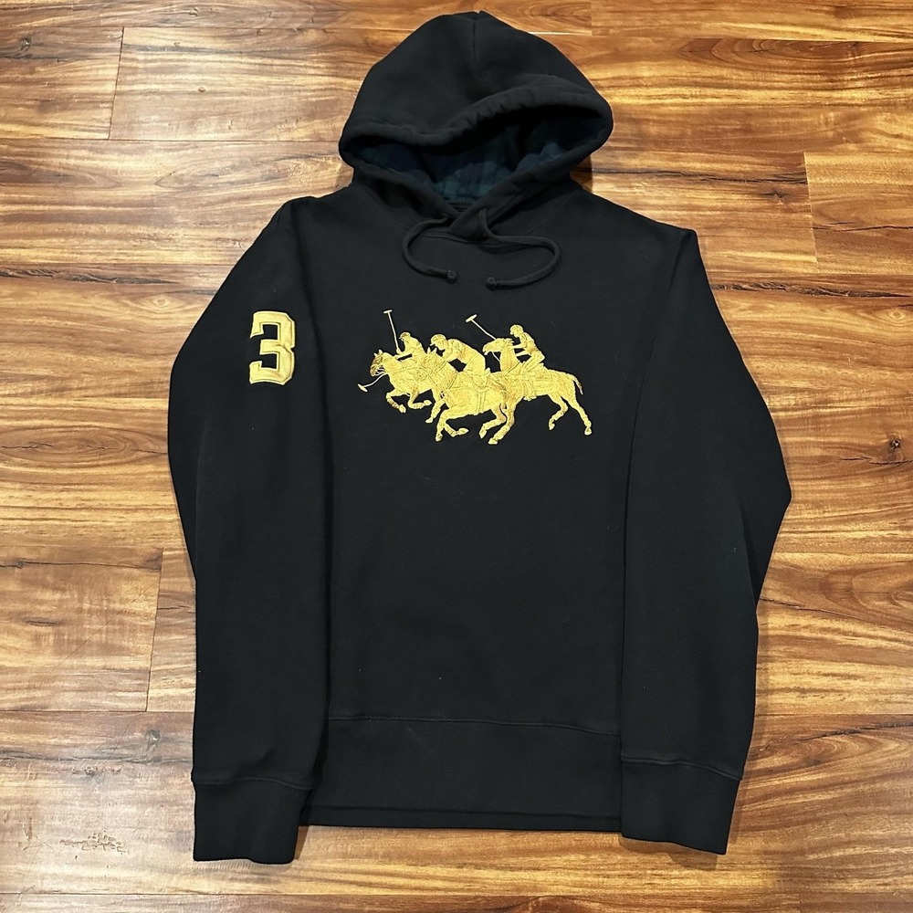 Polo Ralph Lauren Hoodie Mens Medium Black Pullover Triple Pony 3 Fleece Logo